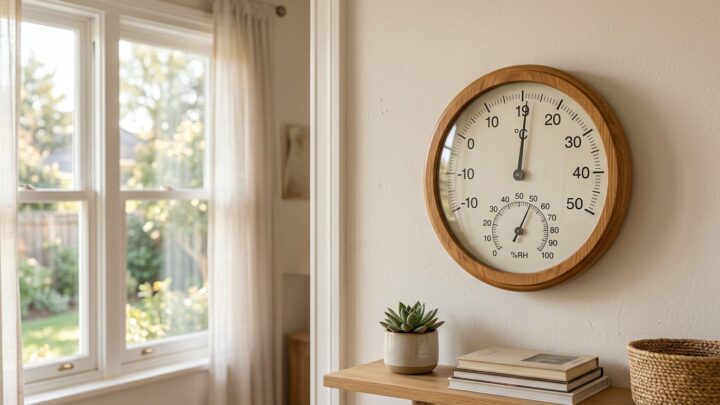 Hygrometer og termometer på væg viser indeklima i hjemmet