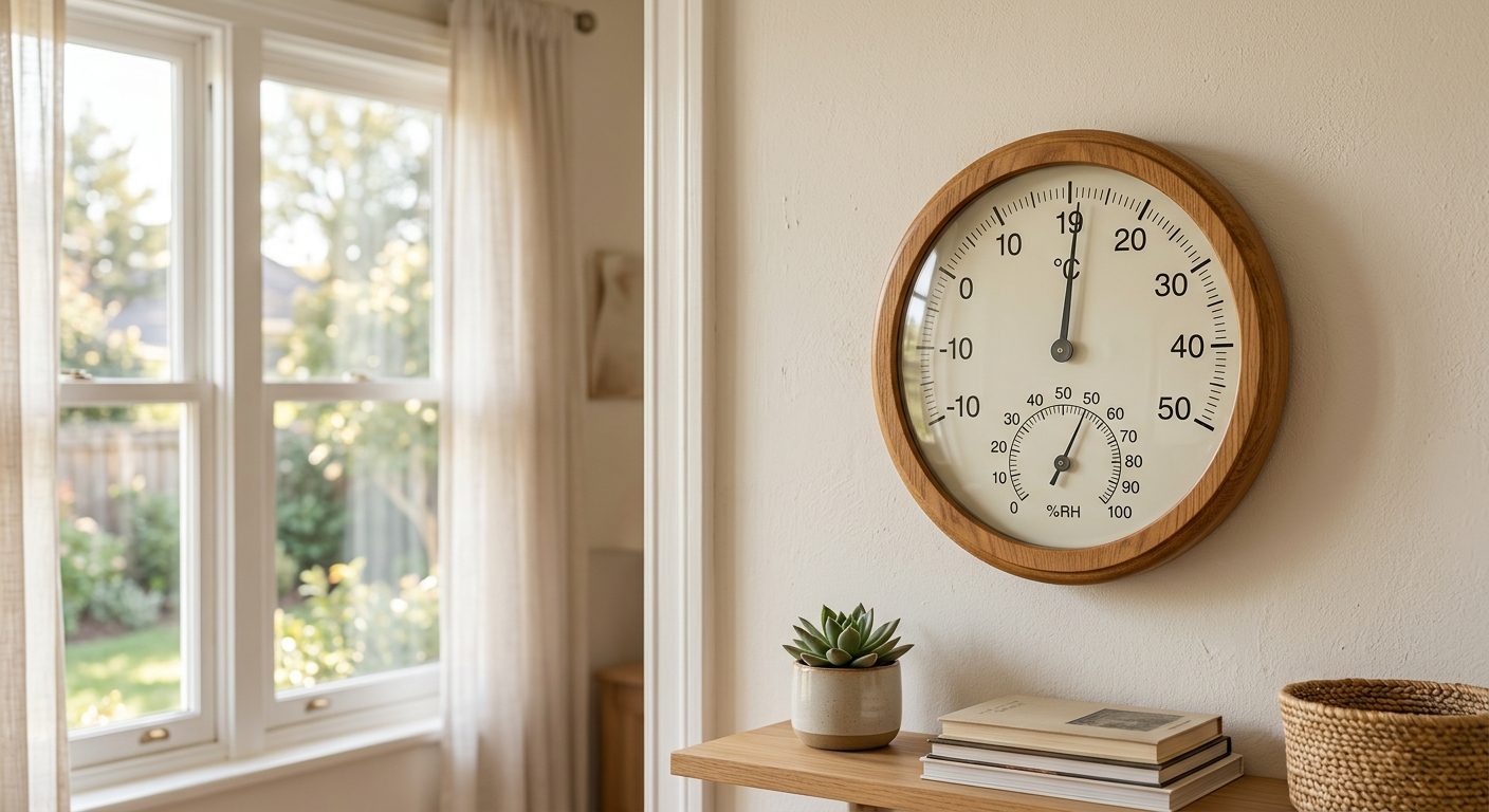 Hygrometer og termometer på væg viser indeklima i hjemmet