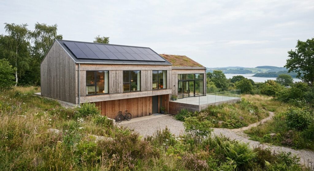 Moderne bæredygtig bolig med solceller og naturlige materialer på facaden