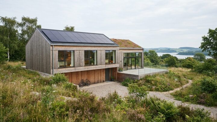 Moderne bæredygtig bolig med solceller og naturlige materialer på facaden