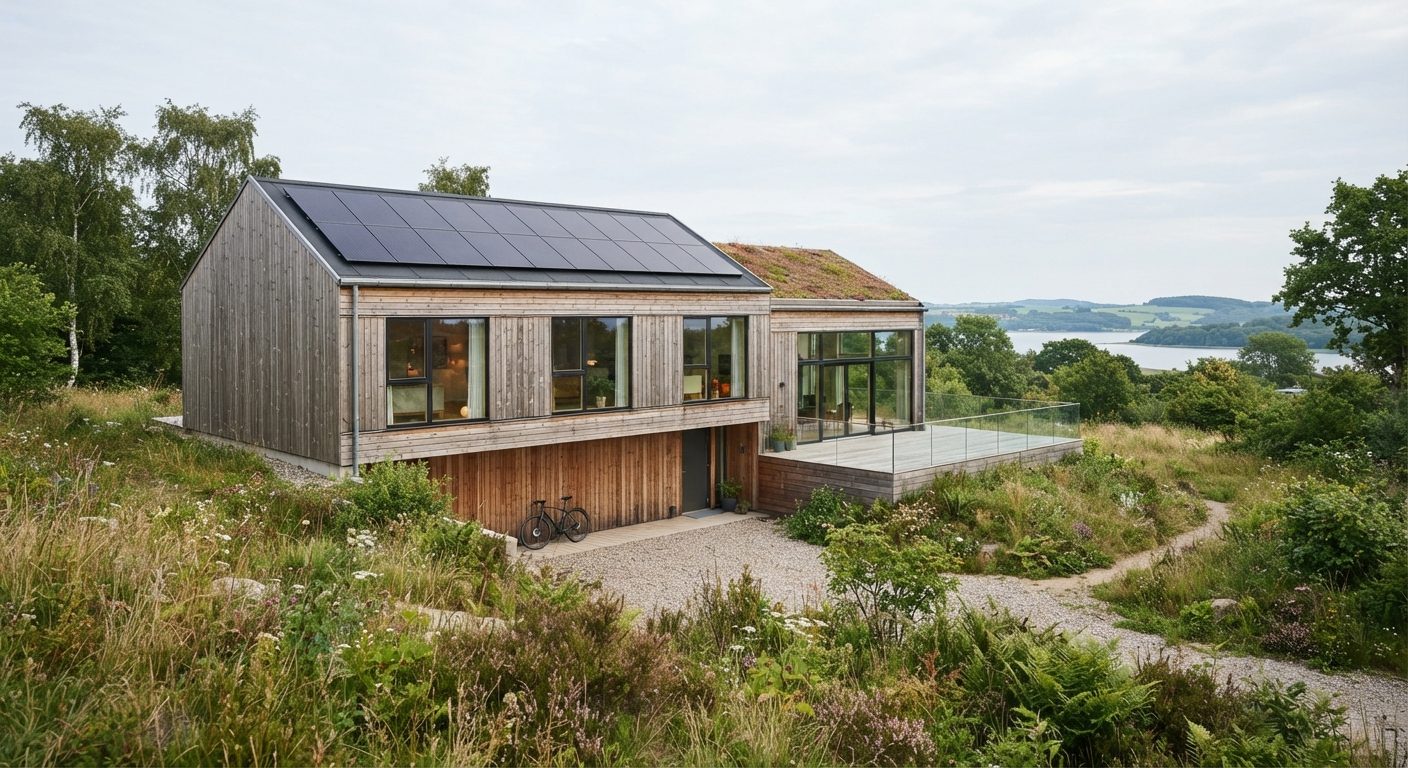 Moderne bæredygtig bolig med solceller og naturlige materialer på facaden
