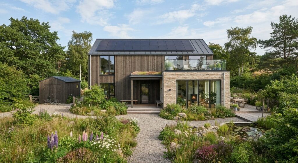 Moderne bæredygtig bolig med solceller og grønne omgivelser