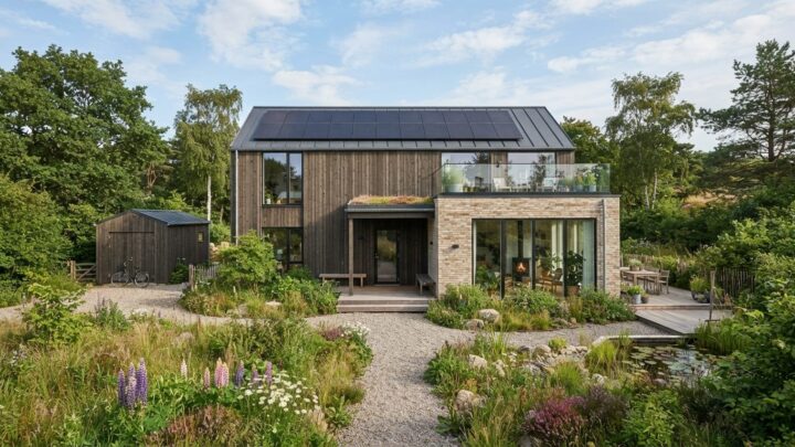 Moderne bæredygtig bolig med solceller og grønne omgivelser