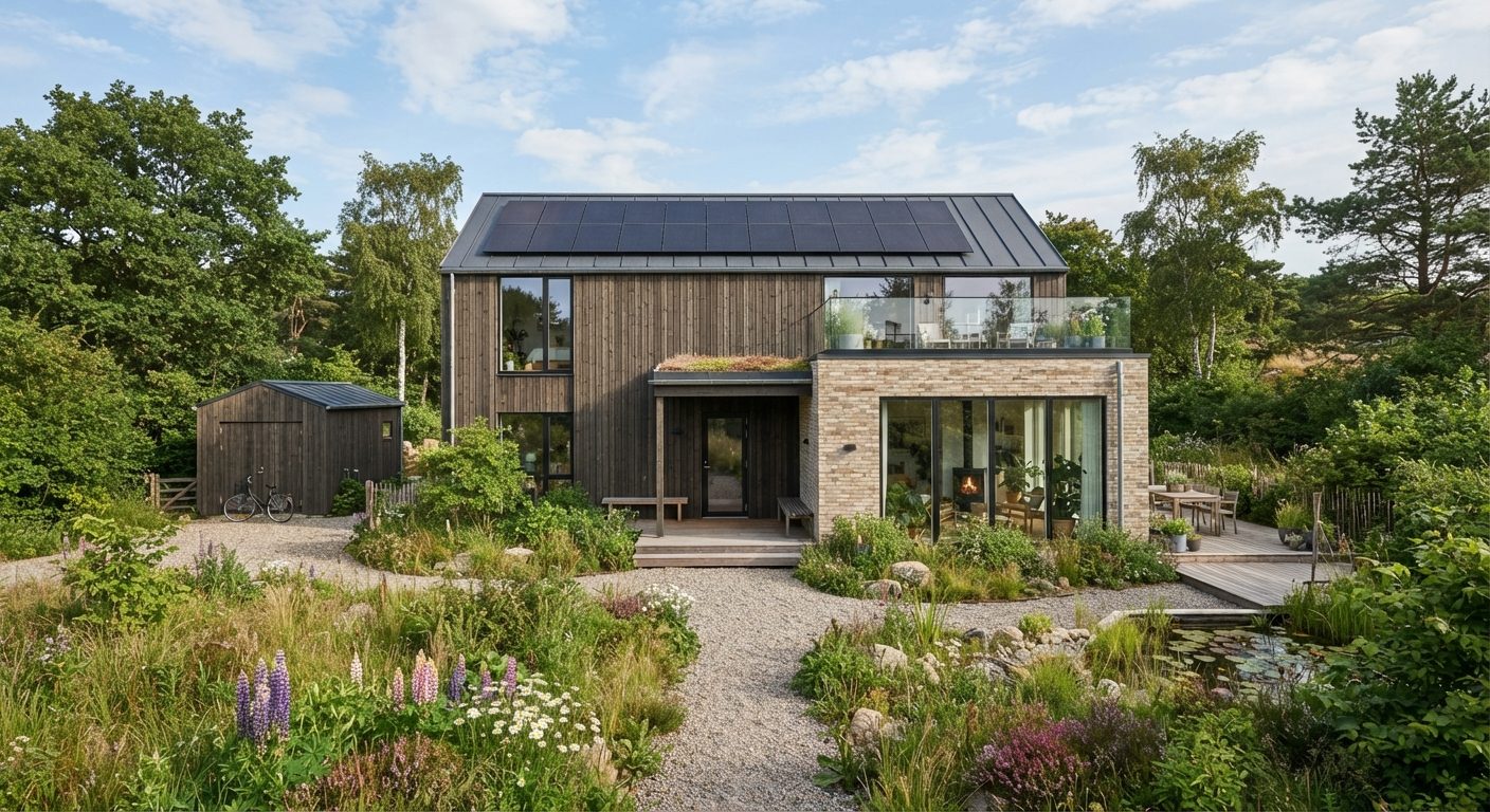 Moderne bæredygtig bolig med solceller og grønne omgivelser