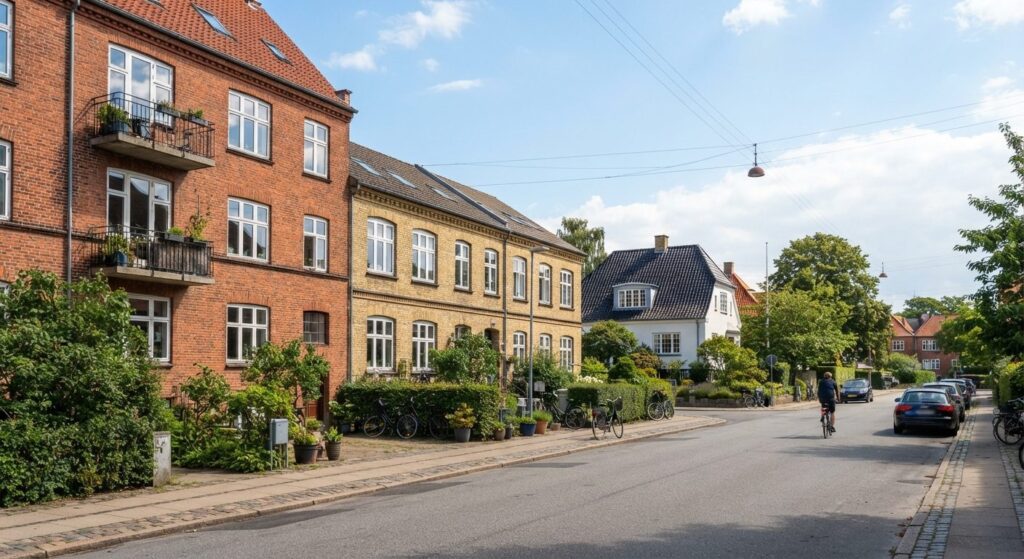 Forskellige boligtyper på samme gade illustrerer valget mellem lejlighed, rækkehus og villa