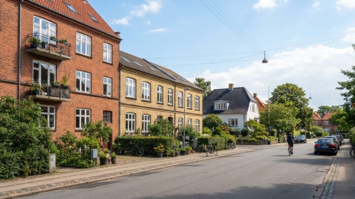 Forskellige boligtyper på samme gade illustrerer valget mellem lejlighed, rækkehus og villa