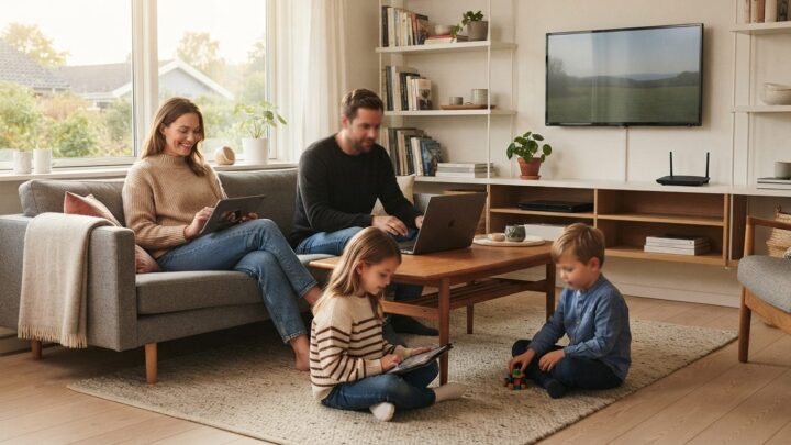 Dansk hjem med flere enheder online samtidig som viser behovet for bredbånd