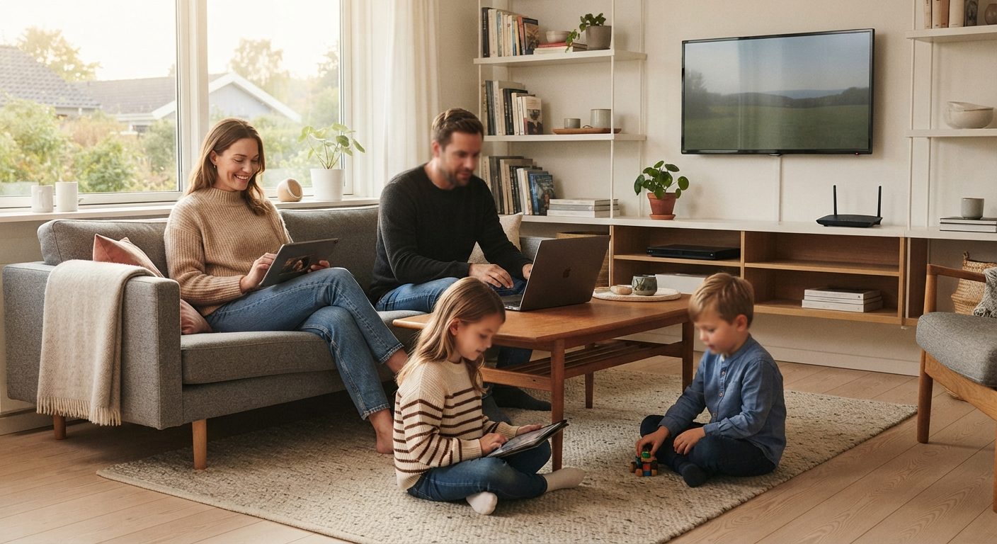 Dansk hjem med flere enheder online samtidig som viser behovet for bredbånd