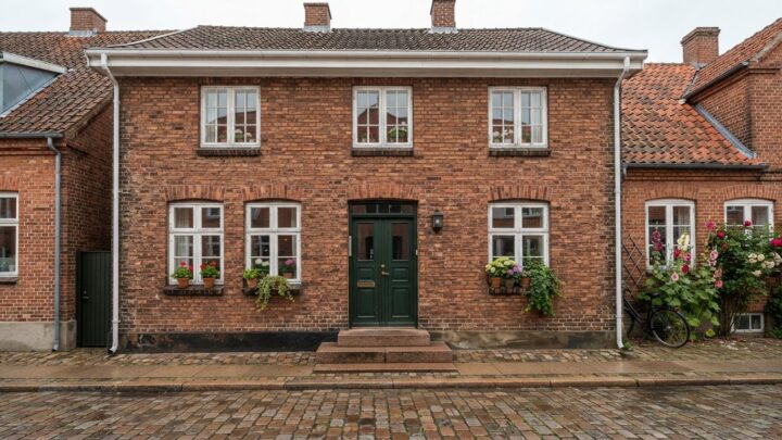 Ældre dansk ejendom med originale vinduer og dør i træfacade