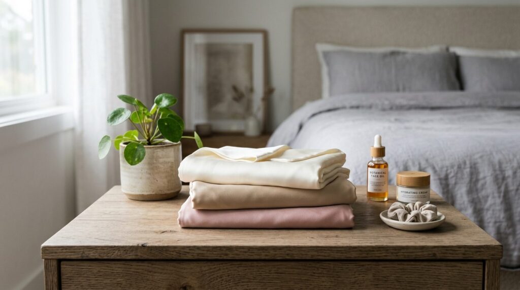 Flat lay styling of folded silk pillowcases in neutral tones