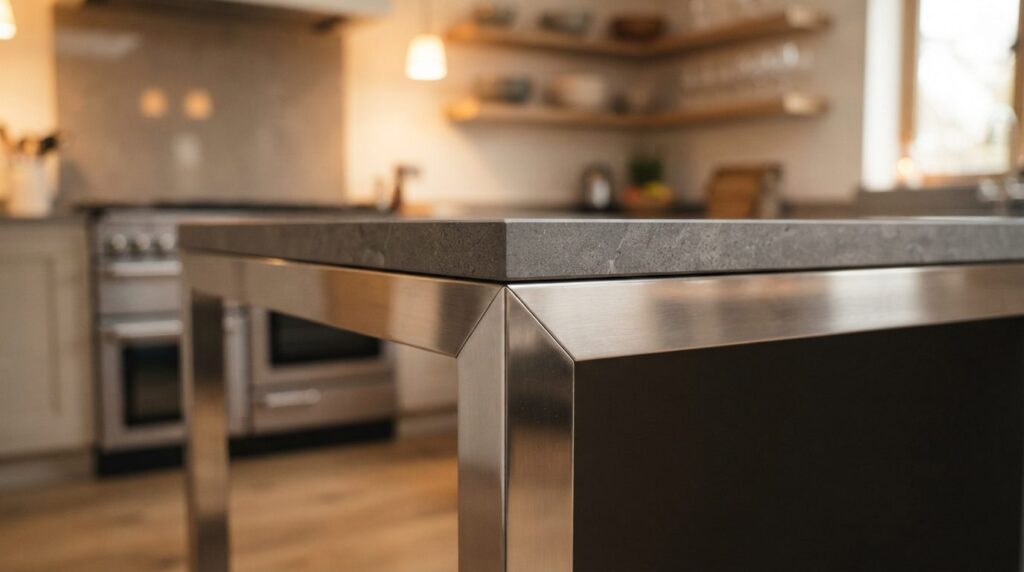 Close-up detail shot of a premium freestanding kitchen islan