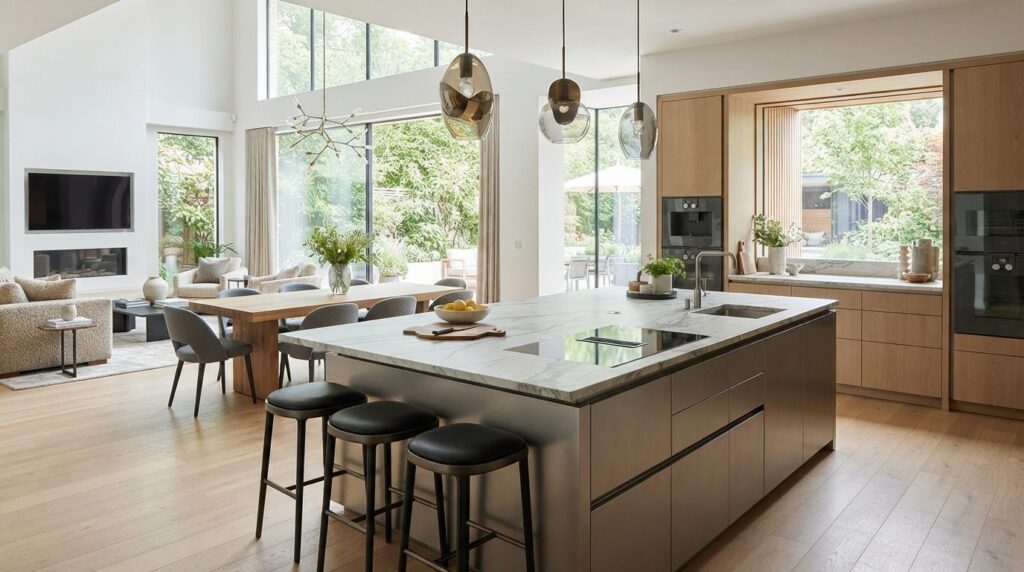 Modern open-plan kitchen and dining area featuring an exclus