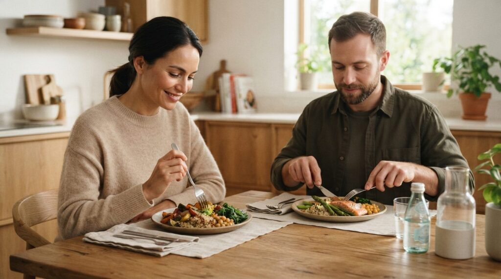 Close-up photorealistic image of a dining table scene showin