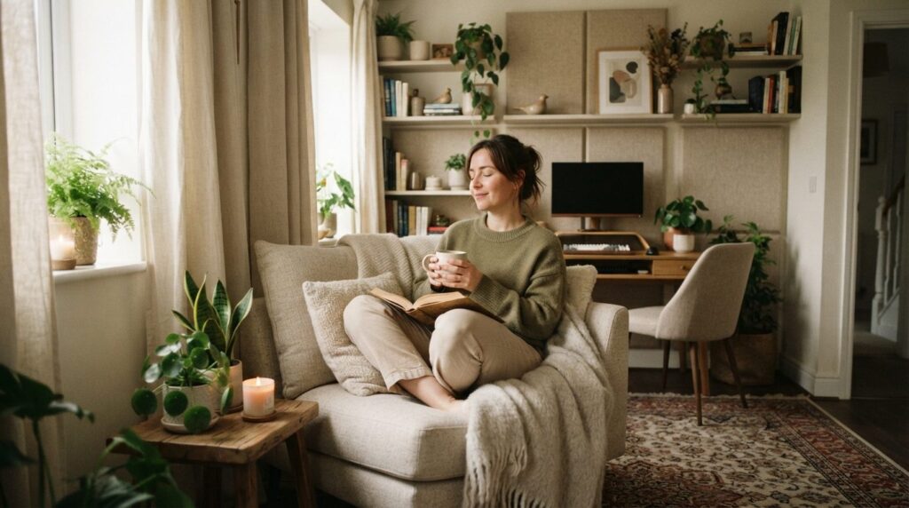Photorealistic image of a cozy home office or retreat space 