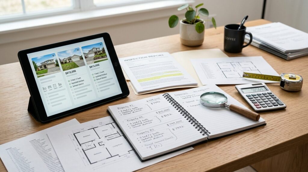 Close-up professional shot of a real estate buyers workspac