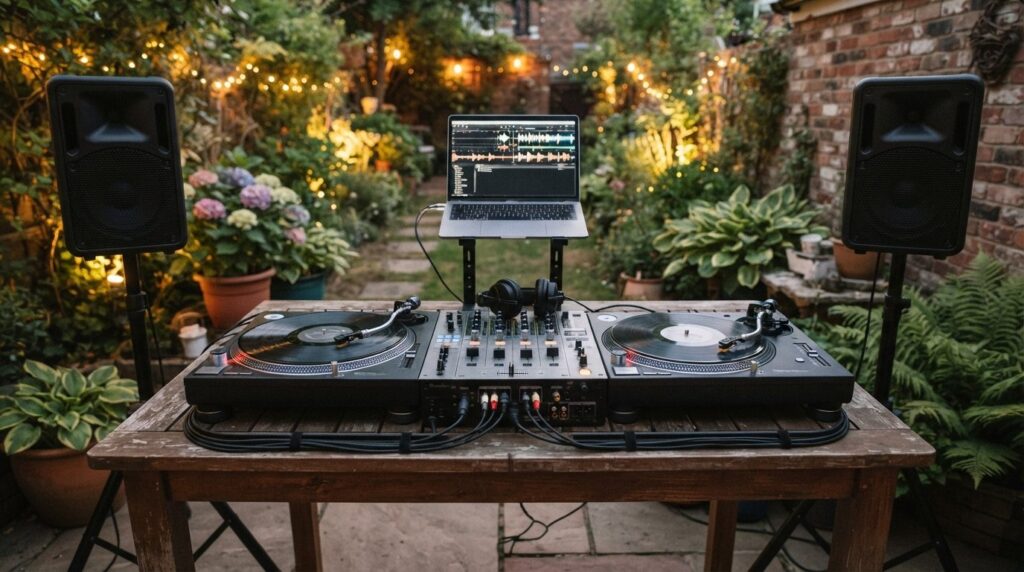 Close-up professional photo of modern DJ equipment and sound