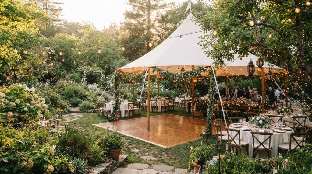 Wide angle view of a decorated backyard wedding venue with p