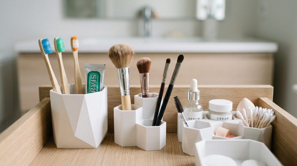 Close-up of custom 3D-printed white geometric bathroom organ