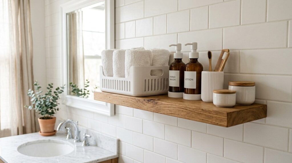 Bathroom shelf styled with matching 3D-printed storage solut