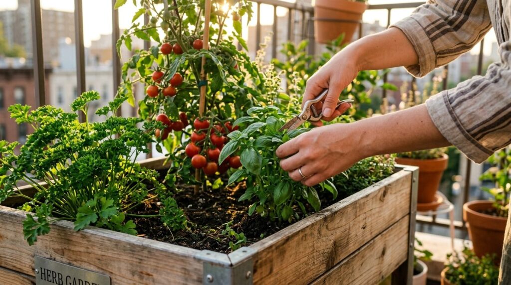 Close-up of hands harvesting fresh herbs and vegetables from