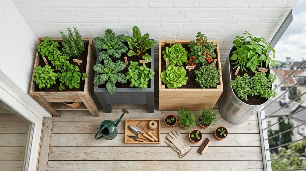 Overhead flat lay of a small balcony garden setup with organ