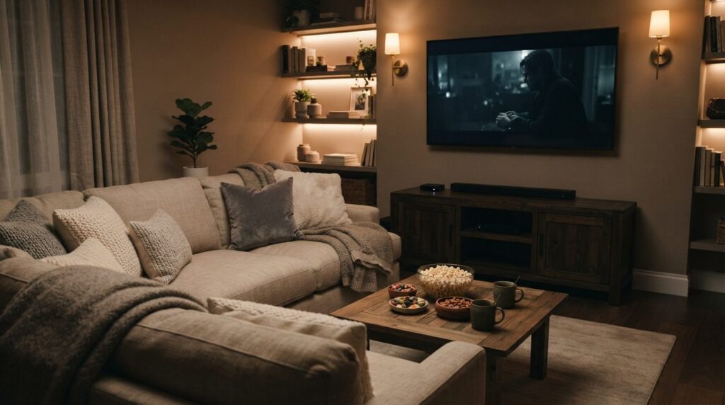Cozy home entertainment room interior with dim atmospheric l