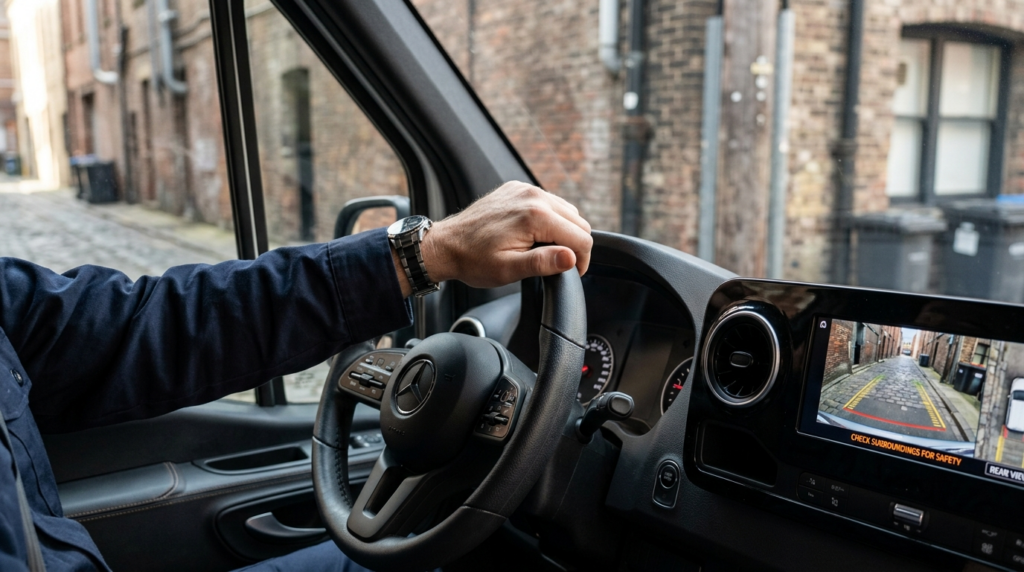 Close-up professional stock photo of a van drivers confiden