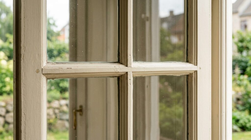 Close-up detail shot of a traditional Danish heritage window