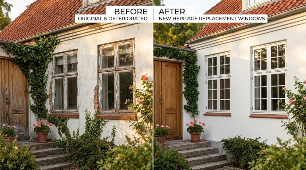 Before and after style split-screen image of an older Danish