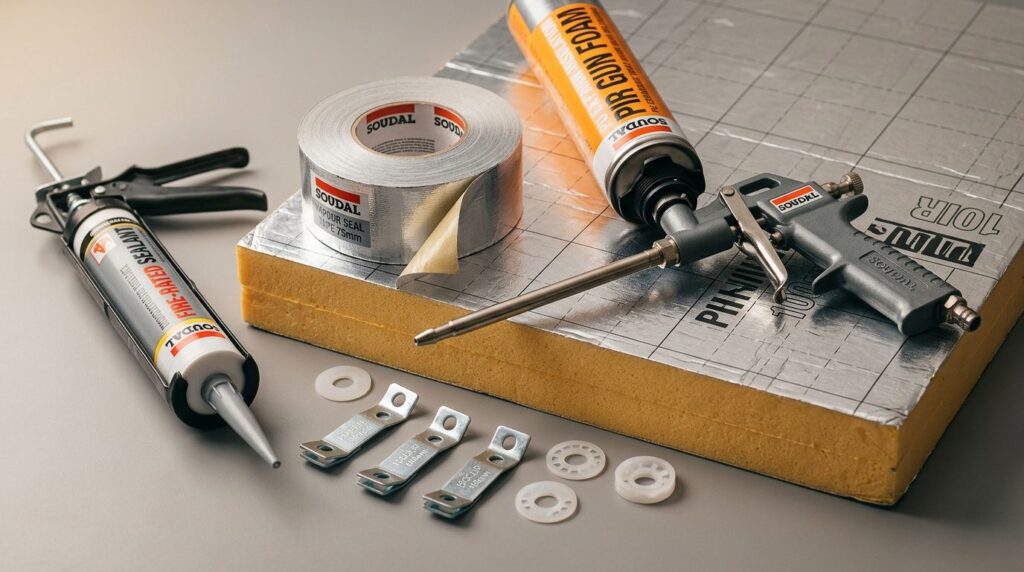 Close-up detail shot of PIR insulation foam board with profe