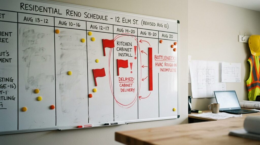 Close-up of construction project schedule board showing dela