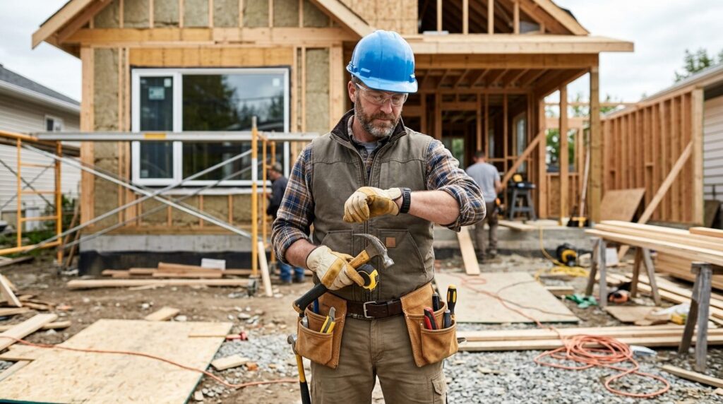 Skilled tradesman on residential building site looking at wa