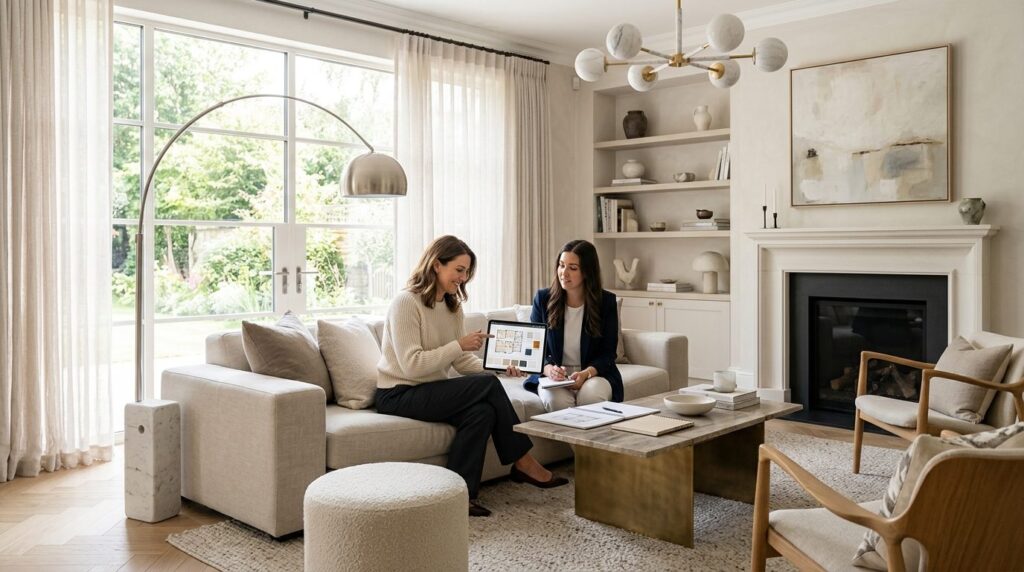 Elegant living room with designer furniture and carefully cu
