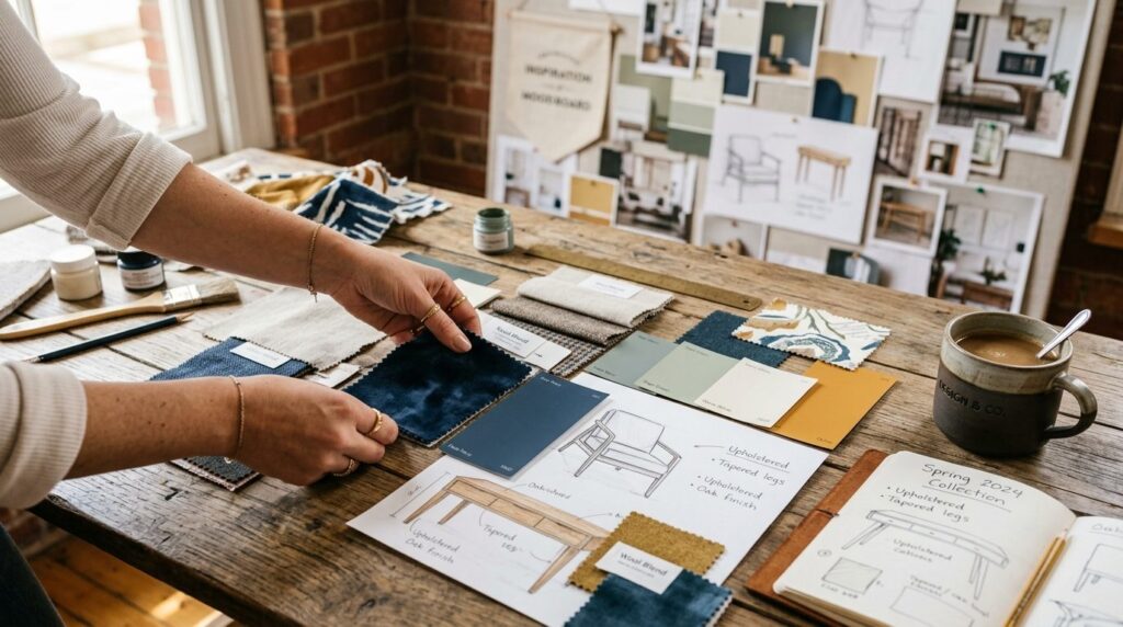 Close-up of designers hands arranging fabric swatches, pain