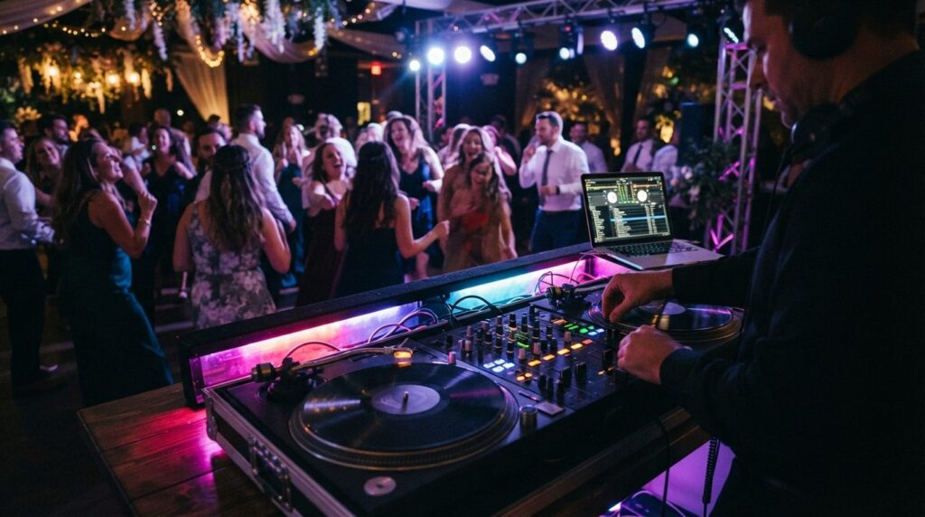 Close-up of professional DJ booth with modern equipment, tur