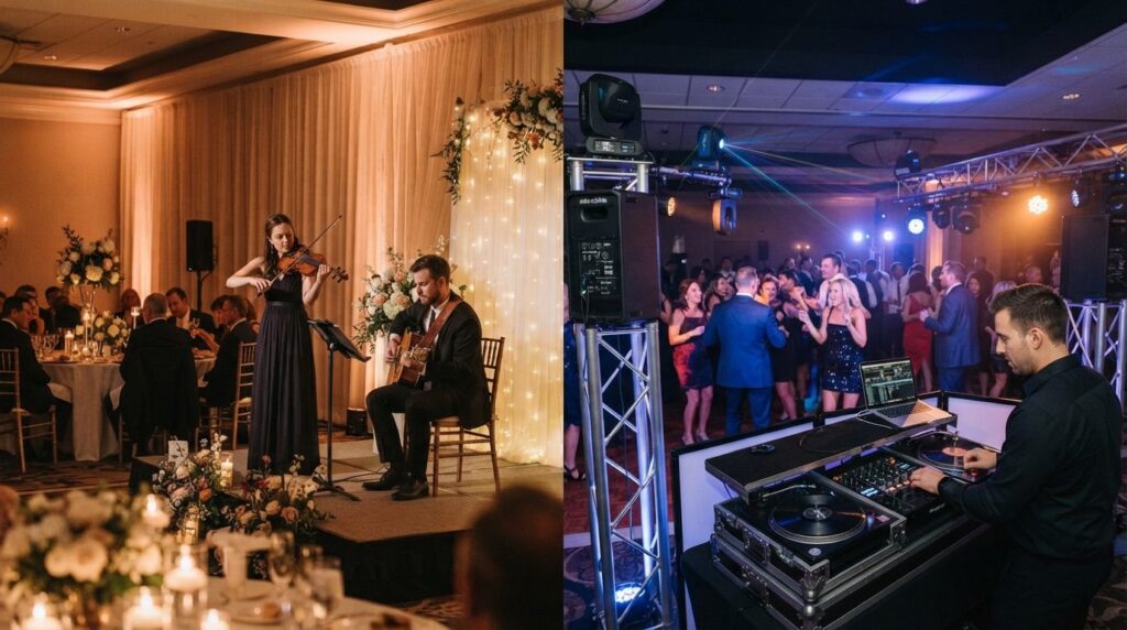Elegant wedding reception comparison split scene: left side 