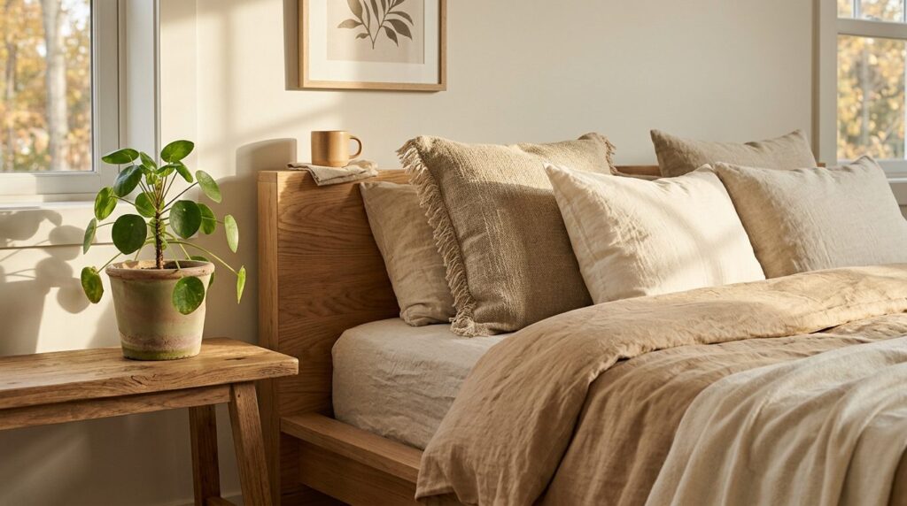 Close-up detail of a scandinavian autumn bedroom corner show
