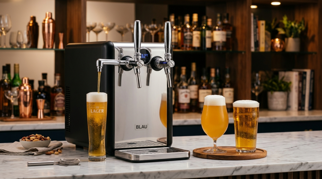 Close-up shot of a premium portable draft beer dispenser wit