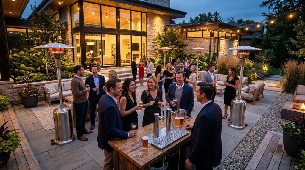 Wide angle view of a contemporary residential patio party wi