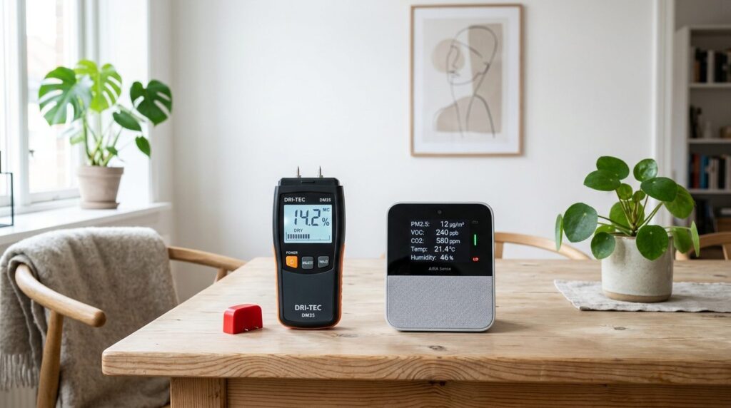 Side-by-side comparison of a digital moisture meter and mode