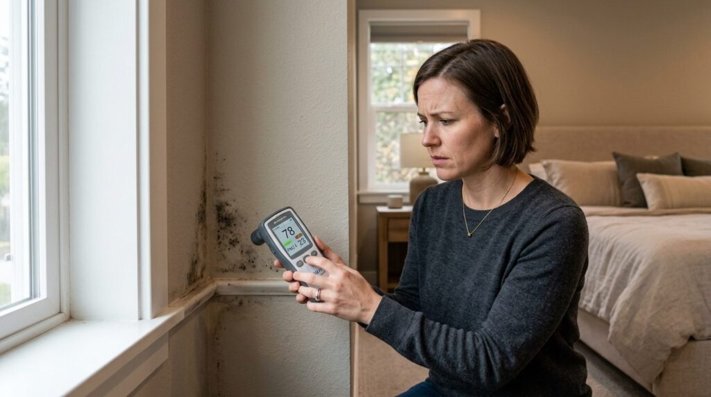 Close-up of a homeowner using a portable air quality meter t