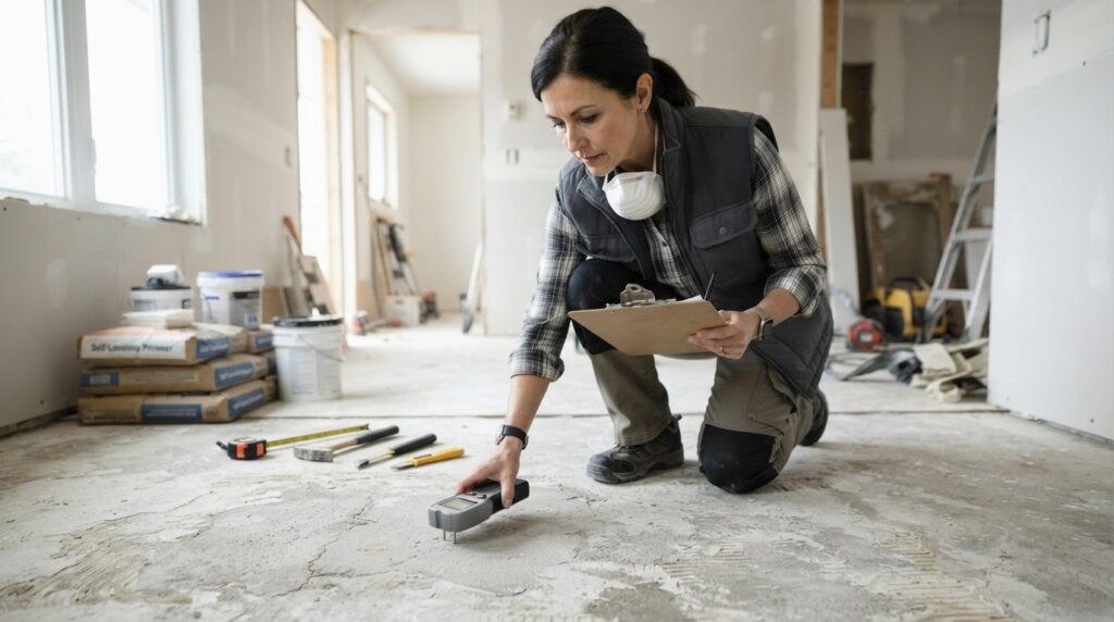Photorealistic image of a professional flooring inspector ex