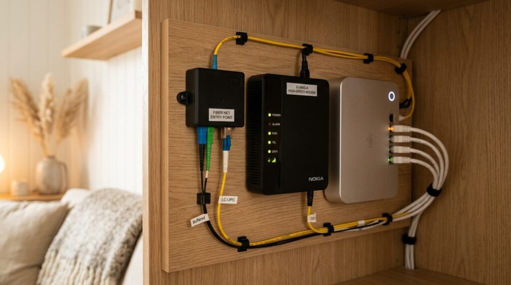 Close-up detail shot of fiber optic cables and professional