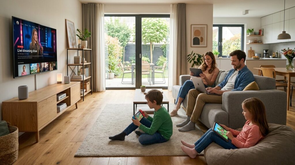 Modern family living room in contemporary home 2026, young f
