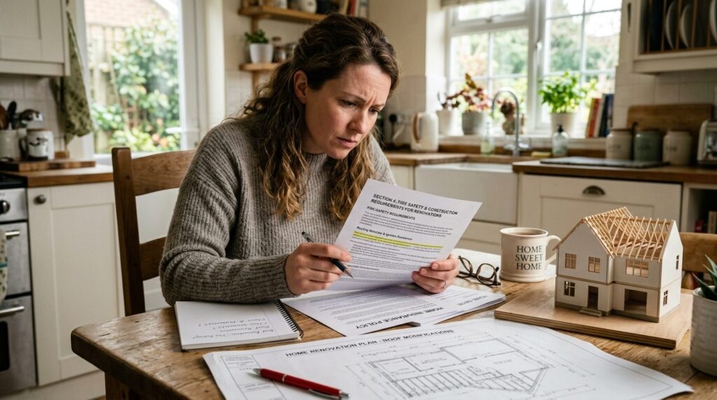 Homeowner reviewing home insurance policy documents at kitch