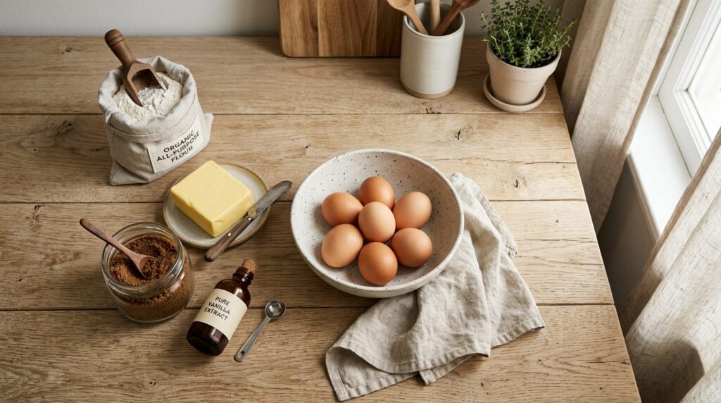 Overhead flat-lay composition of simple baking ingredients a