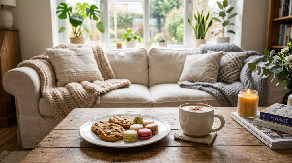 Cozy living room coffee table scene featuring an elegant whi