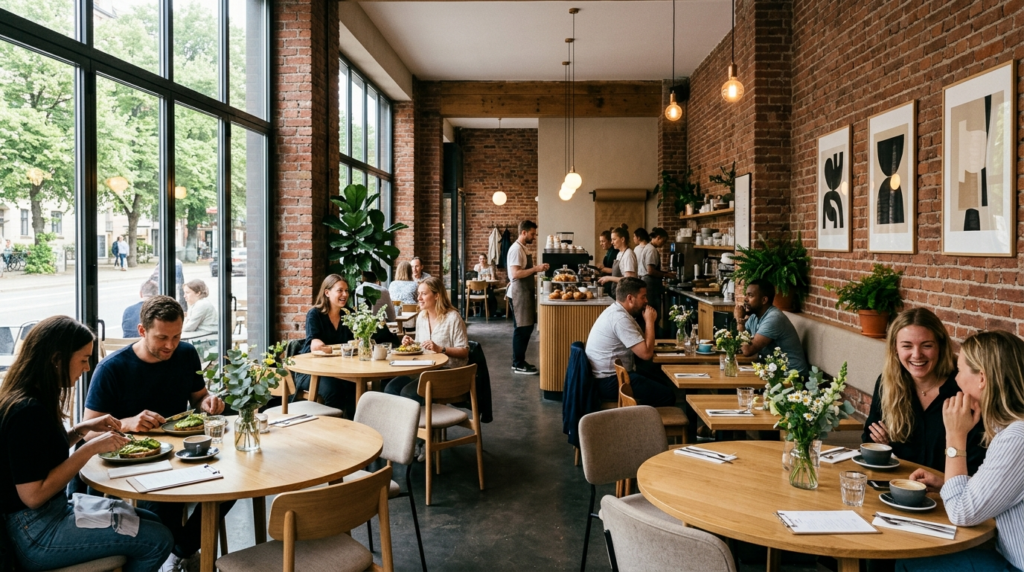 Interior photography of a modern Scandinavian brunch café wi
