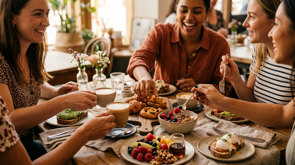 Close-up lifestyle shot of friends gathered around a brunch 