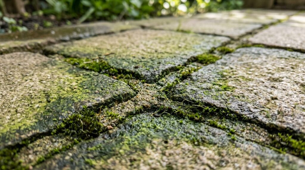 Close-up detail shot of green algae and moss buildup on text
